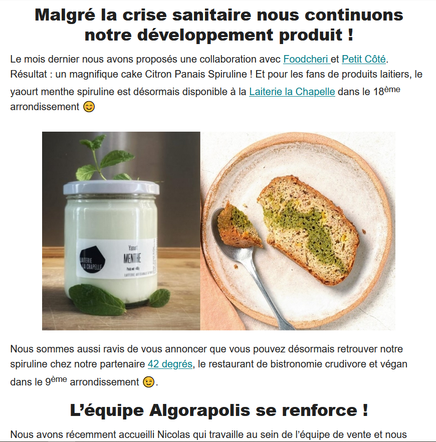 Algorapolis 🌿 des nouvelles bien fraîches ❄ Newsletter #11 => bit.ly/3efJ2Lf
- Malgré la crise sanitaire nous continuons notre développement produit ! -
- L’équipe Algorapolis se renforce ! -
- En savoir plus ? -
#spiruline #news #paris18 #Foodie