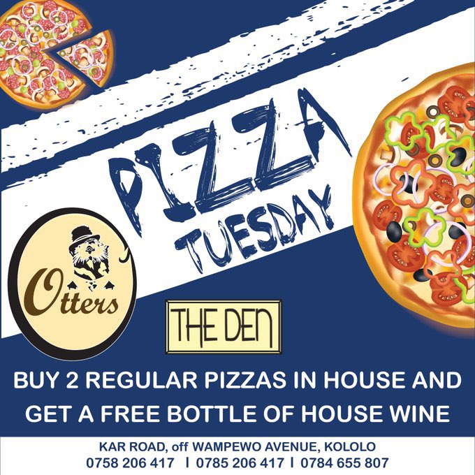 otterskla's tweet photo. Don't forget it's buy 2 regular pizzas ALL day EVERY Tuesday and get yourself a free bottle of housewine 🍕😜 

Otters @the_den_kla
@casa_cafe_kla
@mean_grills256 

Kololo
KAR Rd 
Off Wampewo rd
0784655807

#bestpizza #pizzatuesday #bogofs #allthingskla #otterskla #foodie #theden https://t.co/QPAvSVMPG7