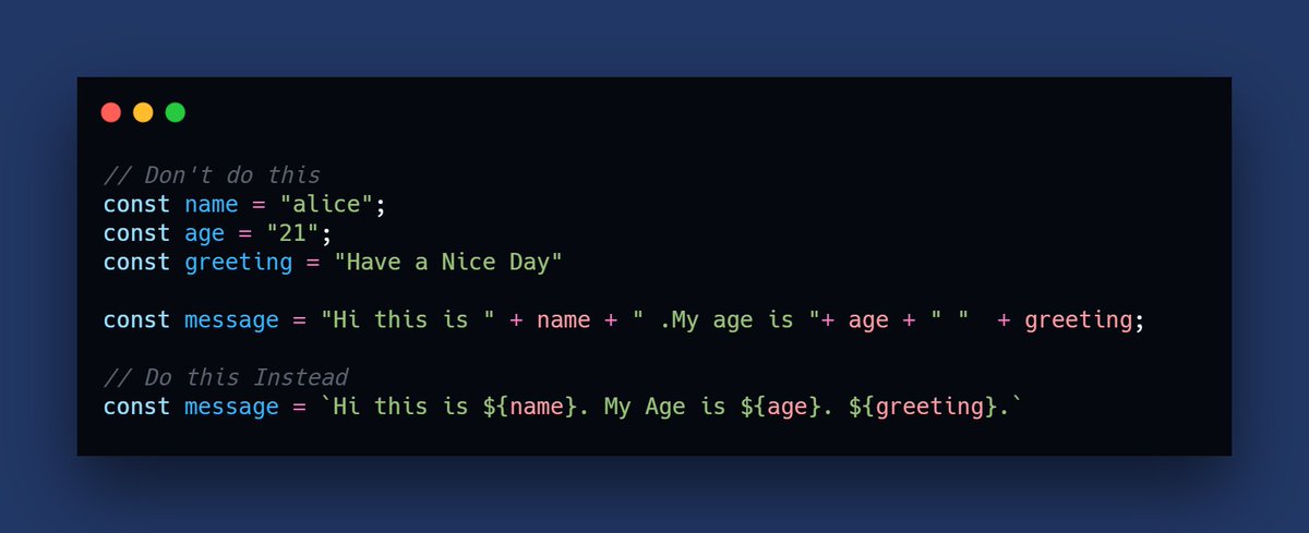 shantk18's tweet image. Use template Literals in #Javscript 😎

#webdevelopment #webdesign #webdeveloper #html #website #coding #programming #css #javascript #digitalmarketing #100daysofcodechallenge #100DaysOfCode #DEVCommunity #codingisfun #codinglife #CodeNewbie #technology #tech