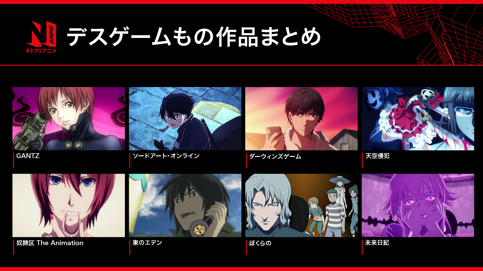 Netflix Japan Anime ネトフリ で配信中のアニメから デスゲーム 要素のある作品を 集めてみた 怖いけど気になる という方は ソードアート オンライン や 東のエデン から なんでもこい という方は 天空侵犯 や Gantz がオススメ
