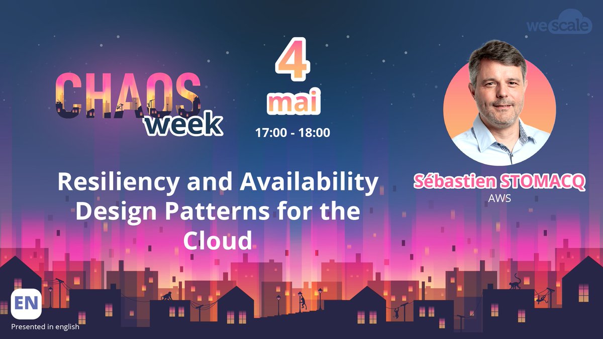 Chaos_week's tweet image. [#Chaosweek] 📢 RDV à 17h, pour assister au talk de @sebsto de chez @awscloud : &quot;Resiliency and Availability Design Patterns for the #Cloud&quot;. Inscrivez-vous dès maintenant ! hubs.ly/H0LGlCF0