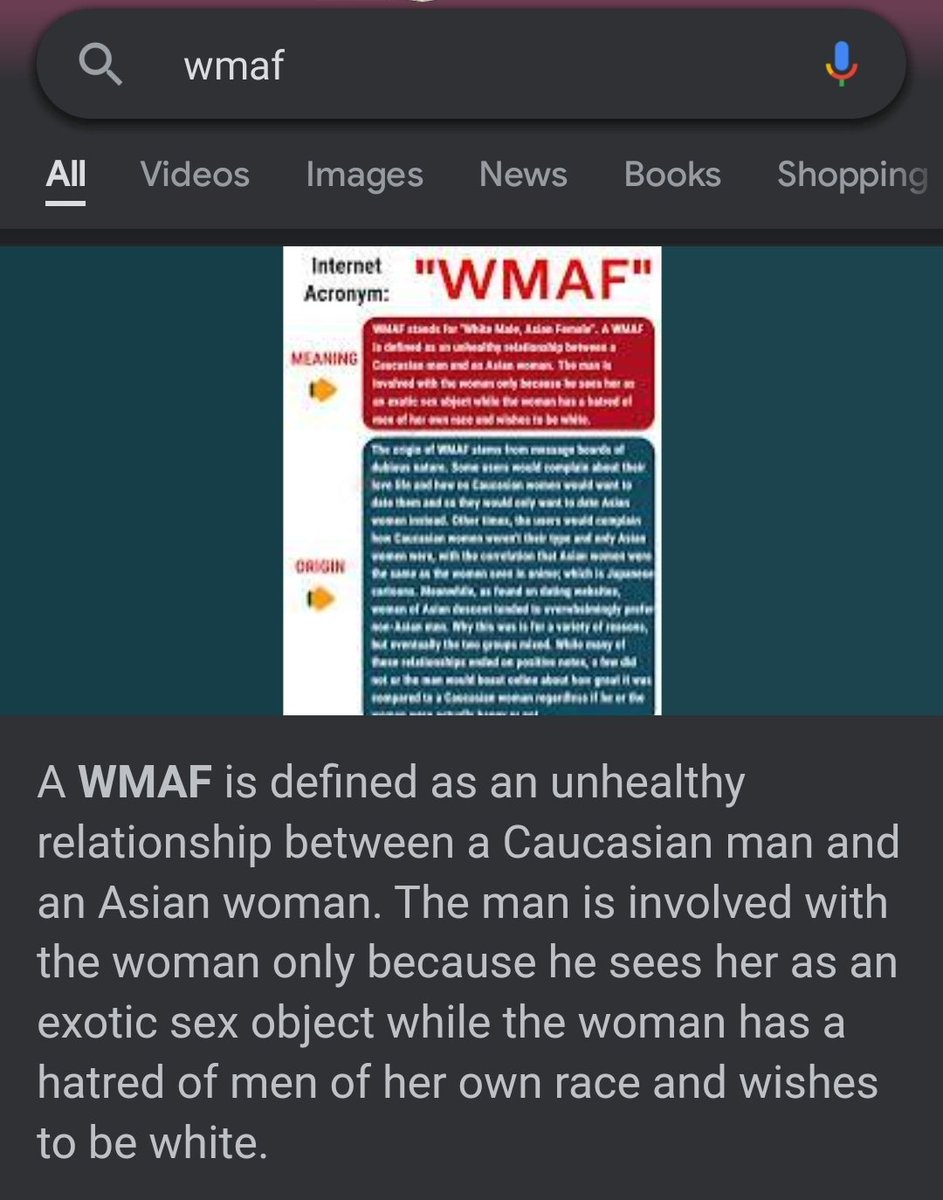 WMAFpower's tweet photo. This is such bullshit and not true, if you Google "wmaf" they make this the top result due to insecure betas who can't get over the fact that WMAF is the most popular interracial dating pairing.

#wmaf #afwm #raceplay #fuckgoogle #whitemaleasianfemale #bias #bleached #whited #bwc https://t.co/uN6GtwG5S6