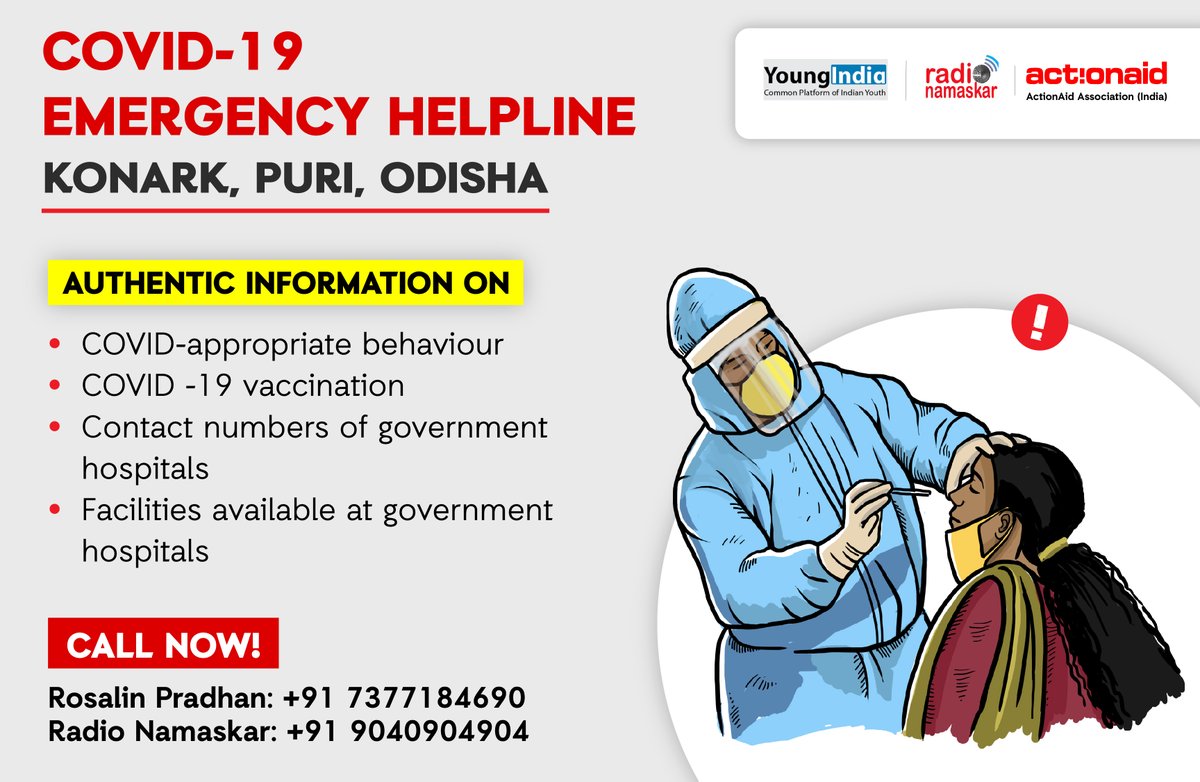 Amid these tough times resulting out of the recent COVID surge, we've launched emergency helplines in ODISHA. For info on COVID vaccination, contact numbers &amp; facilities available at govt. hospitals in Bhadrak, Bhubaneswar, Jagatsinghpur &amp; Puri, pls contact our helplines below.