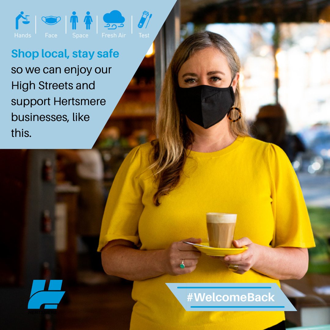 HertsmereBC's tweet photo. We're saying #WelcomeBack to our shops & restaurants, pubs & leisure centres, hairdressers & beauticians in Hertsmere.
Please remember Hands, Face, Space & fresh air so we can all keep safe and keep enjoying our High Streets this summer.
#ShopLocalStaySafe @daisysinthepark https://t.co/iS2hqt7pZx