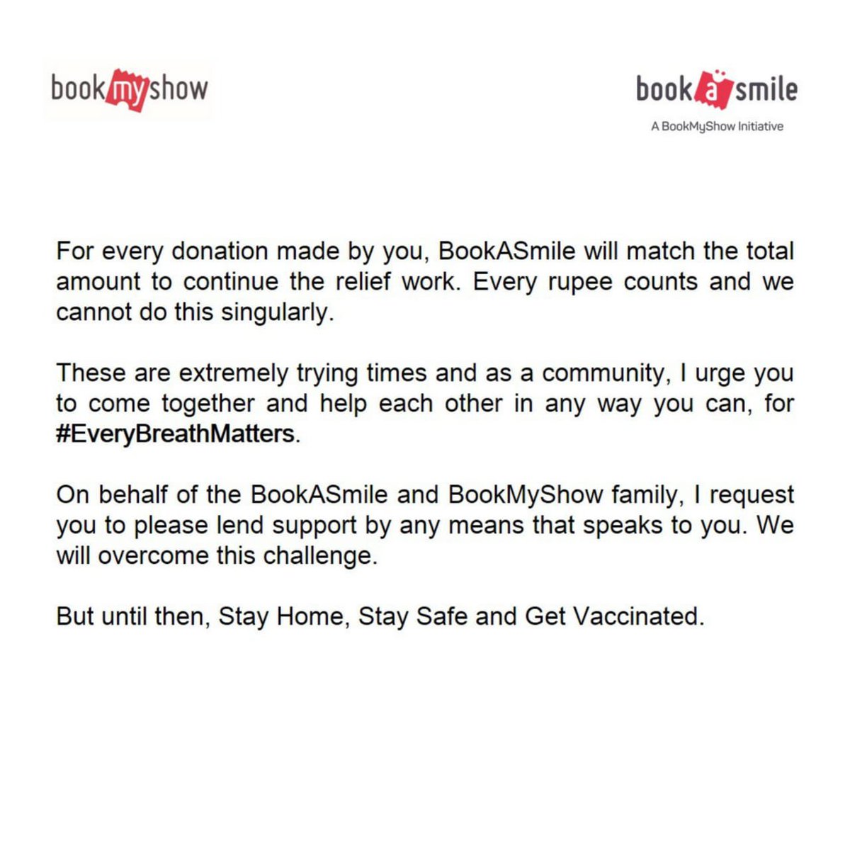 ashish hemrajani (@fafsters) on Twitter photo #EveryBreathMatters
We're in this together. Help us, help others.
Donation Link: securepayments.payu.in/bmsdonate5/
<a href="/UnitedWay/">United Way</a> <a href="/CFTI10/">CFTI</a> <a href="/actgrants/">ACT</a> @BookASmileIndia <a href="/bookmyshow/">BookMyShow</a> #EveryBreathMatters
We're in this together. Help us, help others.
Donation Link: securepayments.payu.in/bmsdonate5/
<a href="/UnitedWay/">United Way</a> <a href="/CFTI10/">CFTI</a> <a href="/actgrants/">ACT</a> @BookASmileIndia <a href="/bookmyshow/">BookMyShow</a>
