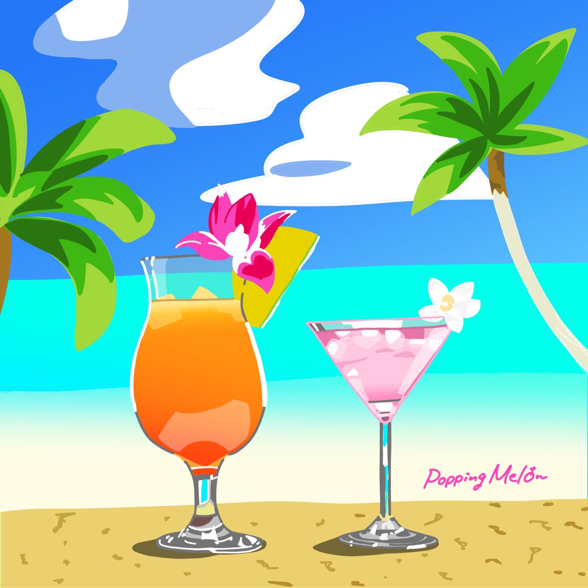 ポッピング メロン Pa Twitter イラスト 80年代 90年代 Illustration 南国 ハワイ カクテル Hawaii Cocktail レトロ Poppingmelon Kawaii かわいい Pop エモ シティポップ ヴェイパーウェイブ Vaporwave 80s 90s Retro 海 Sea T Co