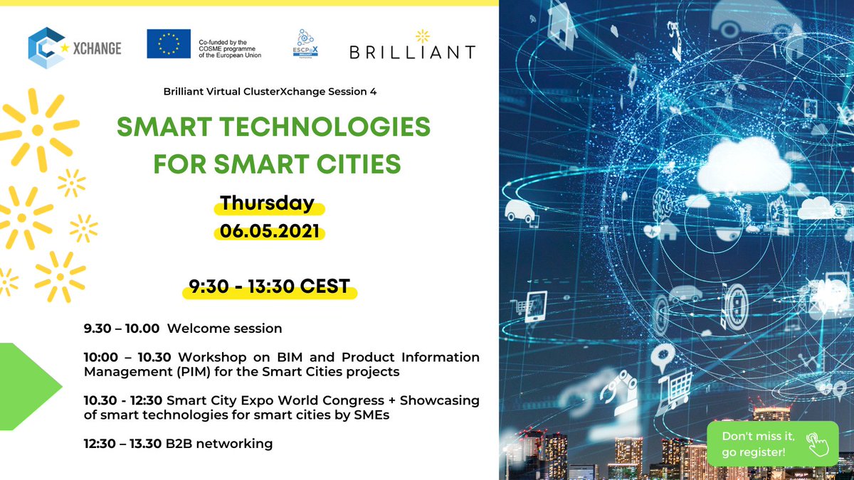 📢<a href="/ESCP4xBRILLIANT/">BRILLIANT CLUSTERS</a> #ClusterXchange events continue! 4° session is on 𝐒𝐦𝐚𝐫𝐭 𝐓𝐞𝐜𝐡𝐧𝐨𝐥𝐨𝐠𝐢𝐞𝐬 𝐟𝐨𝐫 𝐒𝐦𝐚𝐫𝐭 𝐂𝐢𝐭𝐢𝐞𝐬! 𝘋𝘰𝘯'𝘵 𝘮𝘪𝘴𝘴 𝘪𝘵!
⏰ 𝐖𝐇𝐄𝐍: 𝐓𝐡𝐢𝐬 𝐓𝐇𝐔 𝟎𝟔.𝟎𝟓 𝟗:𝟑𝟎 - 𝟏𝟑:𝟑𝟎 𝐂𝐄𝐒𝐓
▶️ 𝐑𝐞𝐠𝐢𝐬𝐭𝐞𝐫 now: zoom.us/webinar/regist…