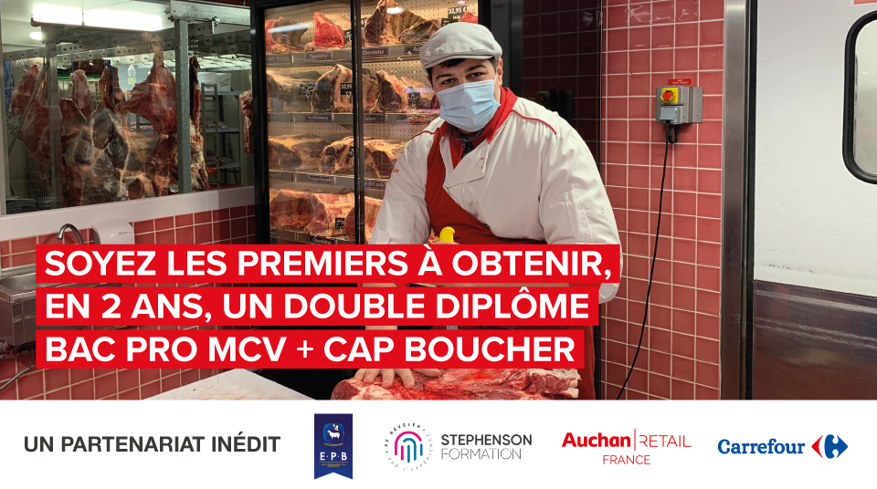 [#Formation] Auchan et <a href="/CarrefourRecrut/">Carrefour Recrute</a> s'associent pour créer un parcours de formation dédié au commerce et à la boucherie 🥩 
Formez-vous au sein de <a href="/StephensonForm/">Stephenson Formation</a> en #alternance et décrochez en 2 ans le #BAC MCV+ #CAP Boucher
👉cfa-stephenson.fr/jepostule/