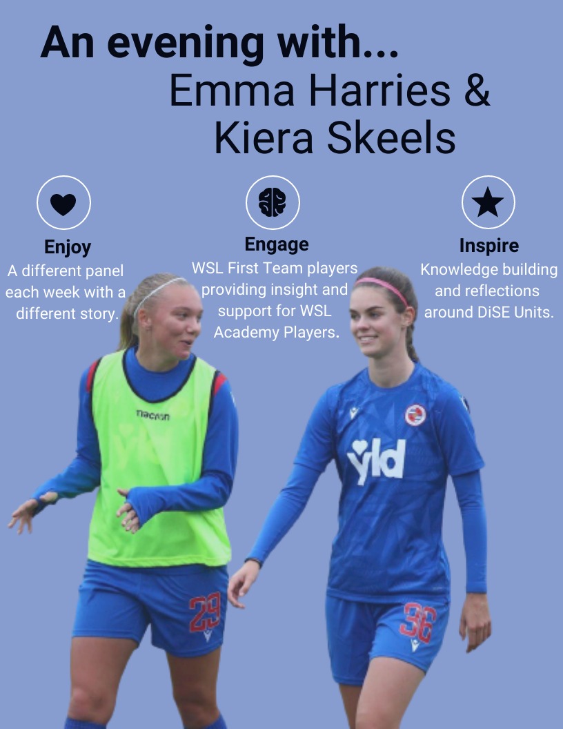 Can't wait to hear from @LouCollDiSE Alumni & @ReadingFCWomen players @kiera1skeels  and @EHarries9 tonight as part of the DiSE Mentoring Programme with FA WSL Academy athletes with @jennycoady10 💥🎙️

Two fantastic people who have enjoyed success on & off the pitch this year📚⚽️