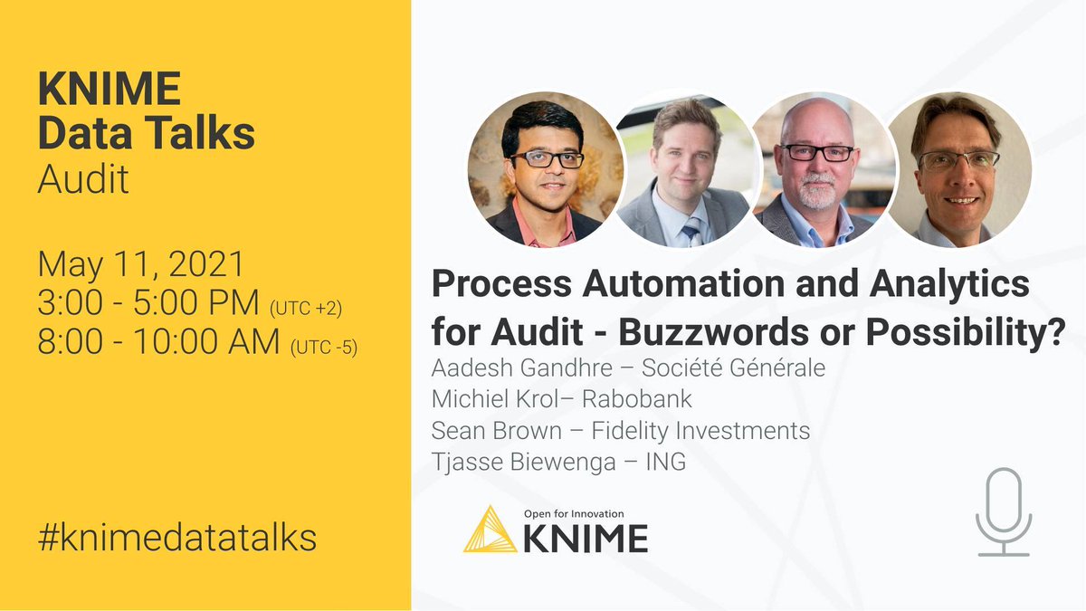 KNIME (@knime) on Twitter photo Join the experts from <a href="/SocieteGenerale/">Societe Generale Group</a>, <a href="/Rabobank/">Rabobank</a>, <a href="/Fidelity/">Fidelity Investments</a> and <a href="/ING/">ING</a> for a panel discussion on May 11 during the #KNIME Data Talks - Audit. Register for free at bit.ly/3nN7A1j
#knimedatatalks #financialanalysis #audit Join the experts from <a href="/SocieteGenerale/">Societe Generale Group</a>, <a href="/Rabobank/">Rabobank</a>, <a href="/Fidelity/">Fidelity Investments</a> and <a href="/ING/">ING</a> for a panel discussion on May 11 during the #KNIME Data Talks - Audit. Register for free at bit.ly/3nN7A1j
#knimedatatalks #financialanalysis #audit