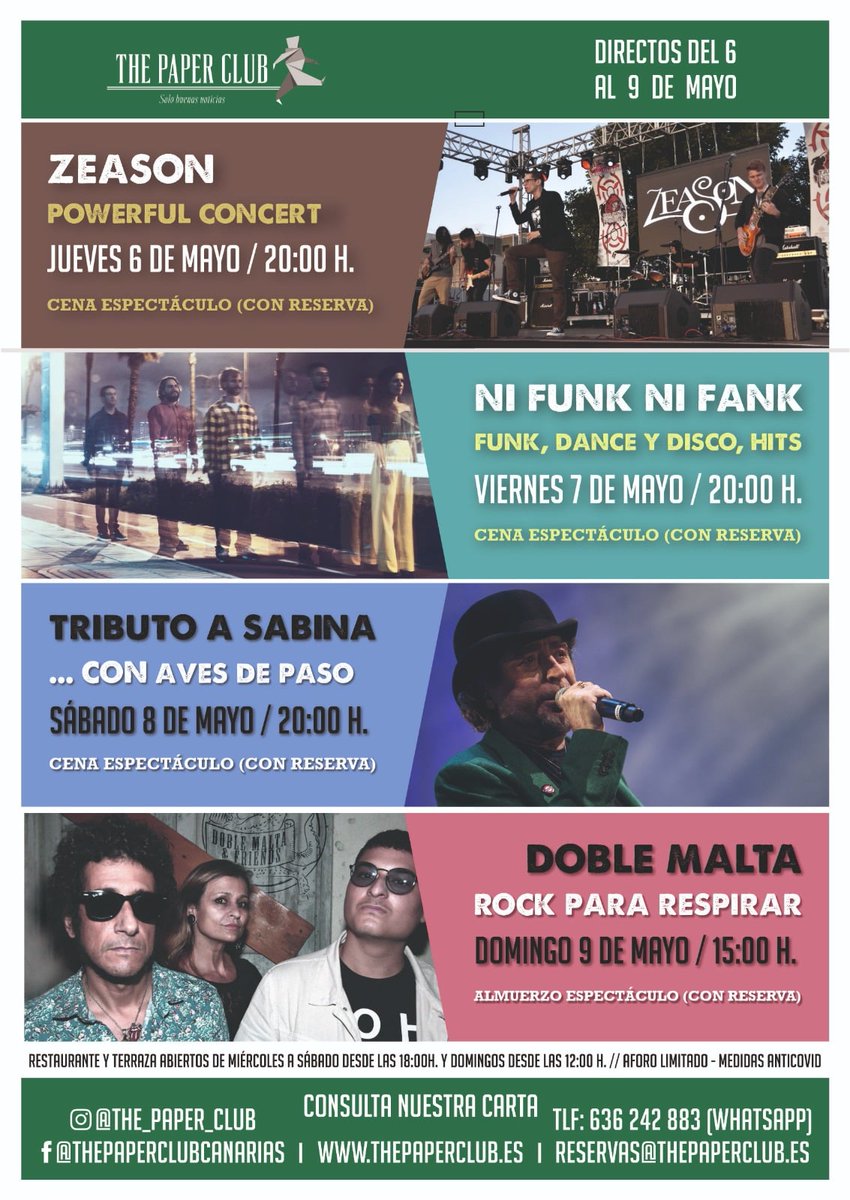 ThePaperClub's tweet image. ¡Volvemos! Restaurante y terraza abiertos Mi a S de 18 a 22.30 h. y D de 12 a 20 h. Reservas en reservas@thepaperclub.es o por whatsapp en el 636242883. Carta en thepaperclub.es. Programación de esta semana aquí abajo: