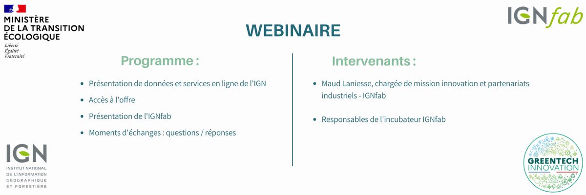 GreentechInno's tweet photo. #WEBINAIRE

@GreentechInno continue sa série de #webinaire avec  “L’offre de données et de service de l’IGN” en présence de @IGNFrance 

✉️Inscrivez-vous vite : https://t.co/GKsbydMI2C https://t.co/nfpsVR35ty