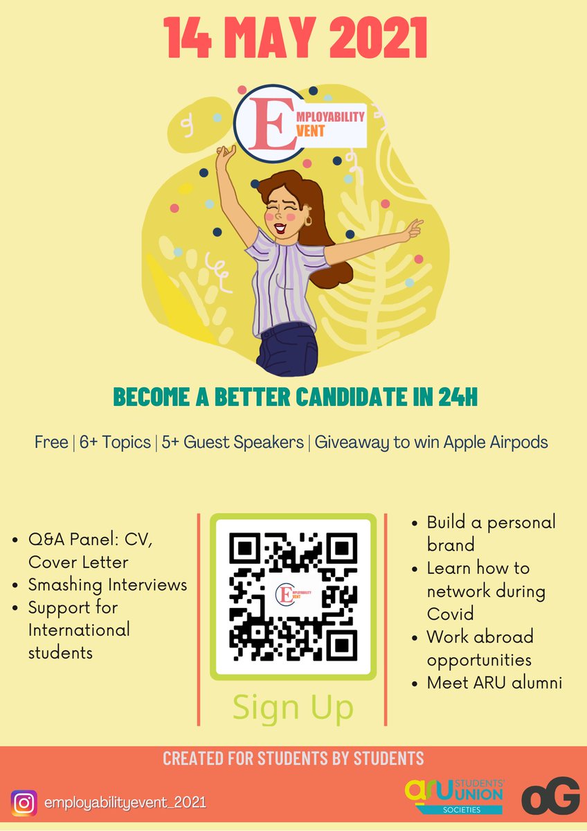 <a href="/AngliaRuskin/">ARU</a> students! Book your tickets for this free Employability Event 2021 to become a better candidate, and get closer to securing your dream job! 
14th May, 9:45 - 17:00.
This event is created by your fellow students and is open to EVERYONE at <a href="/AngliaRuskin/">ARU</a>.