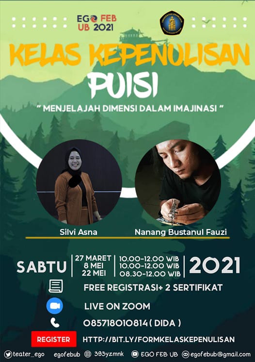 Ayokkk lurr podo daftar

Benefit✨ : 
📄 E-CERTIFICATE
🧠 Useful Knowledge

Langsung aja registrasi melalui link dibawah ini, GRATIS👇🏻

bit.ly/FormKelasKepen…

CP:
Dida +62 857-1801-0814
Icha +62 822-6417-4204

#kelaskepenulisan 
#kelaskepenulisan2021
#puisi #egofebub #febub #ub