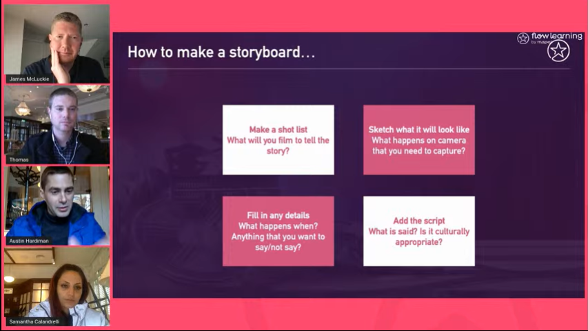 BethanyLearns's tweet photo. Some great tips on video storyboards. To keep on budget, on time, and to keep on track of what you're shooting. Making sure the storyboard has been reviewed by all the relevant stakeholders before sign off. @FlowTraining @Dishoom #FlowWebinar #videolearning https://t.co/HSmNekh6sB