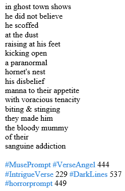 hsdee's tweet image. #Readers, yup, I got wordy again!
#MusePrompt #VerseAngel 444 #IntrigueVerse 229 #DarkLines 537 #horrorprompt 449 #horror #HorrorCommunity