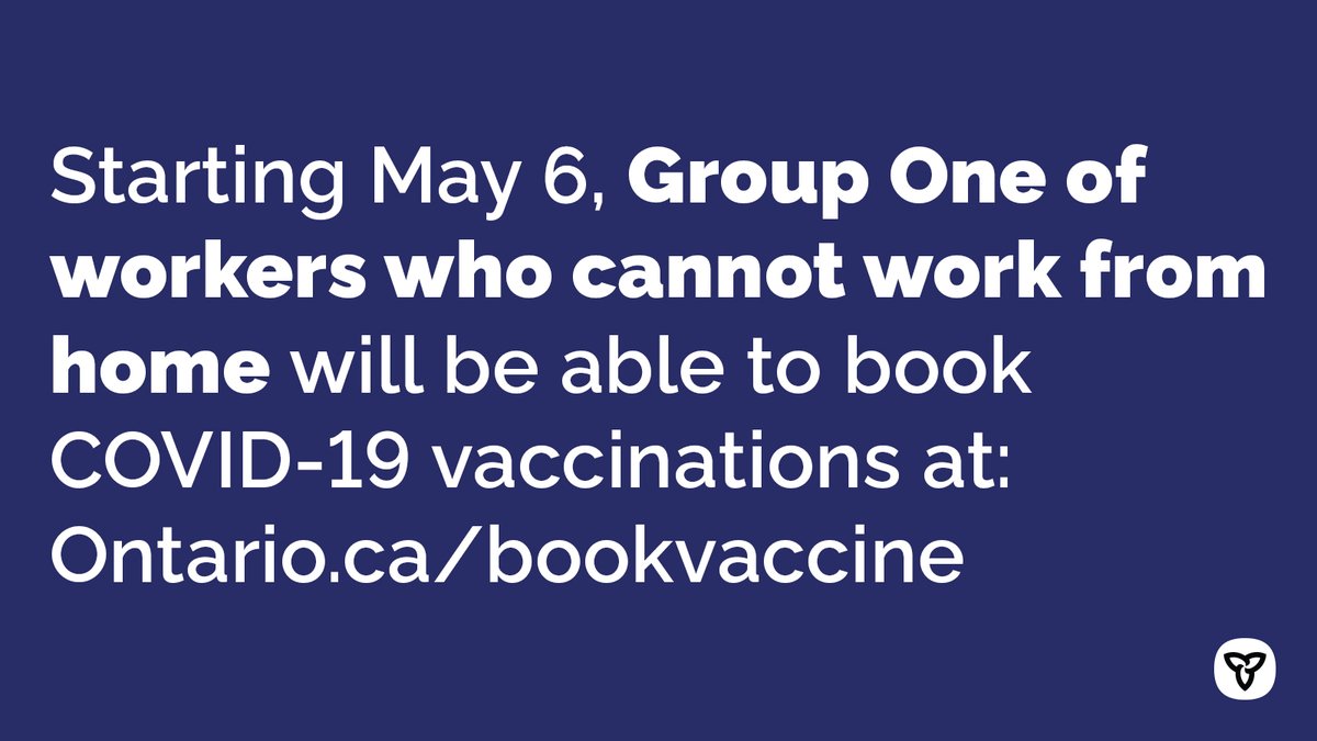 NRPublicHealth's tweet photo. Starting May 6 at 8 a.m. the following groups will be eligible to book an appointment at a #Niagara COVID-19 vaccine clinic:
-50+
-High-risk health conditions
-Group One of workers who cannot work from home
-First Nations, Inuit and Métis

Eligible groups: https://t.co/Y3WoviRvbd https://t.co/8W25aa9WNN