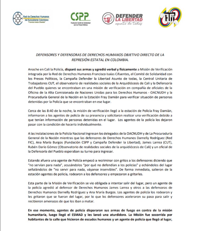 FranklinCastaV's tweet photo. ATENCIÓN #EsUrgente rechazamos ataque de @PoliciaColombia a defensoras de DDHH de @Reddhfic, @CSPP, @DefenderLiberta, @cutvalledelcau1, @DefensoriaCol que se encontraban en Misión de verificación ayer en Cali con   @ONUHumanRights y @PGN_COL

Exigimos garantías a nuestra labor. https://t.co/n1AXOz8C7J