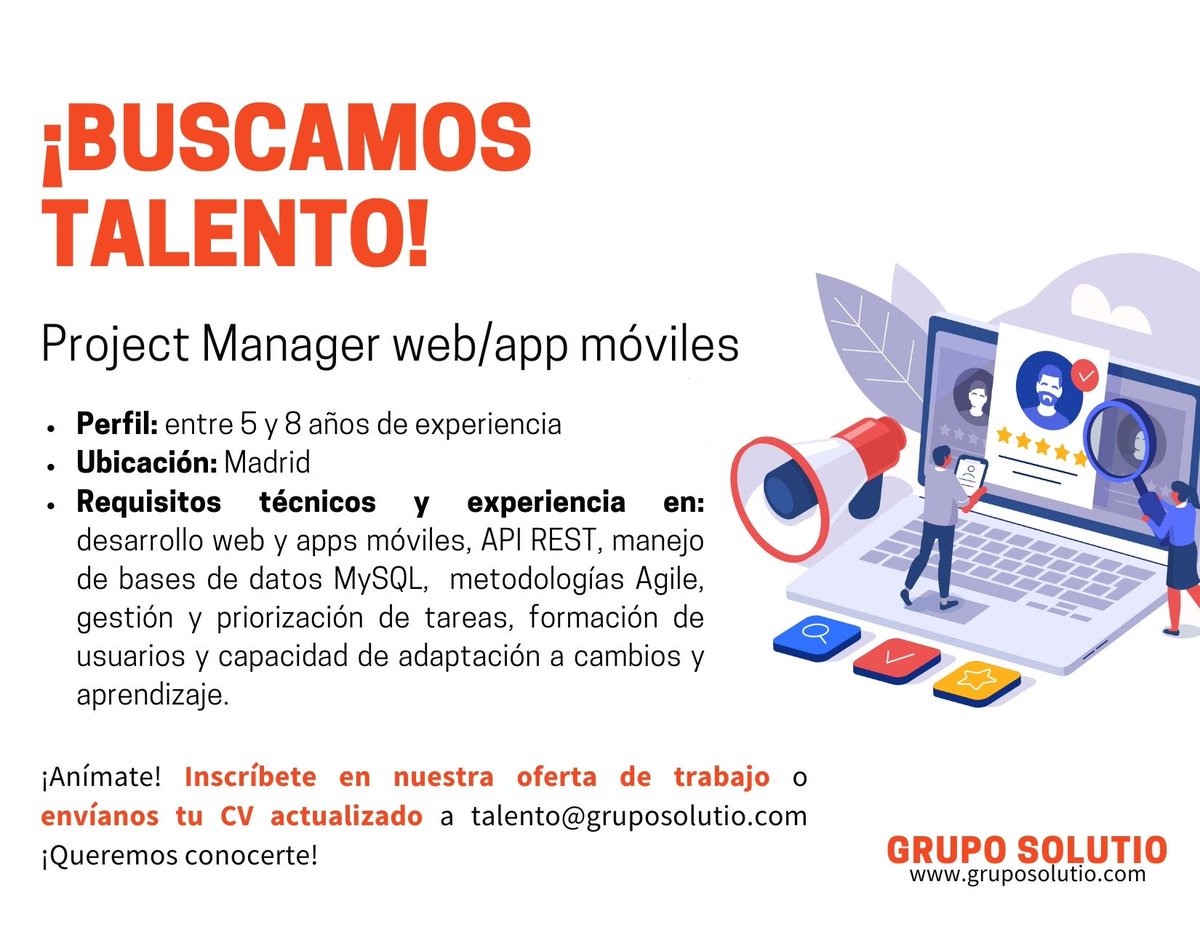 Grupo_Solutio's tweet image. Buscamos un/a #ProjectManager para proyecto estable de larga duración en importante compañía del sector deportivo situada en Madrid. 

➡Aplica aquí: bit.ly/3gXJGyP
➡Mándanos tu CV a talento@gruposolutio.com 

#SolutioTalent #desarrolloweb #desarrollodeappsmóviles