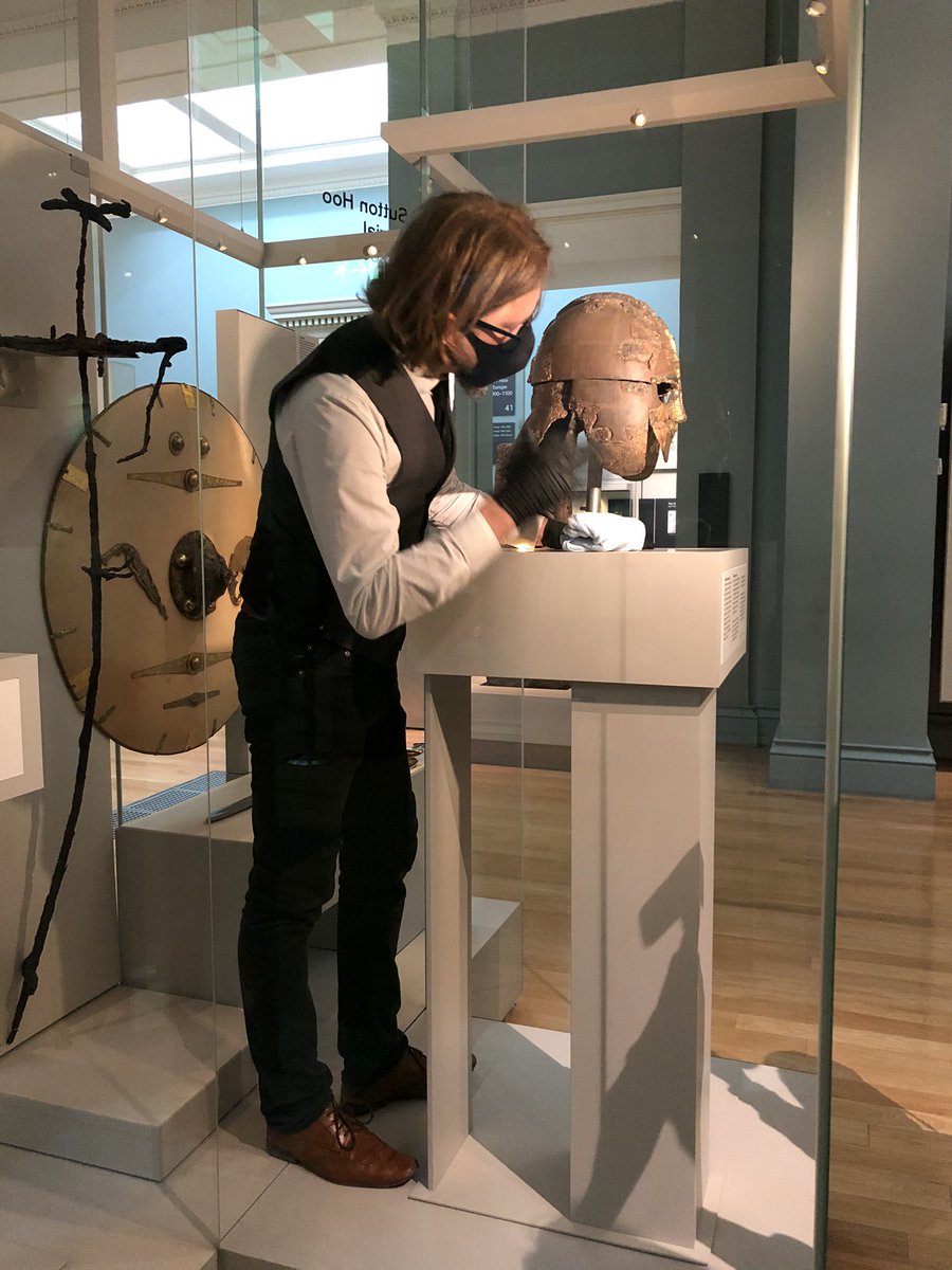 SueBrunningBM's tweet photo. 1st time in #Room41 since March 2020 as our fantastic #CollectionsManagers prepare for reopening. They’ve been working throughout, ensuring the objects are well cared for, Covid or shine. Here’s Helmet Wrangler @SeptimusKeen & lovely Holly & Amy, who I met in person at last! https://t.co/FYCKshiCmH