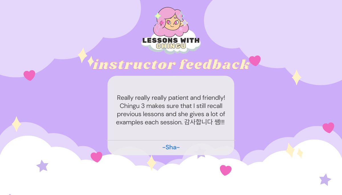 lessonswchingu's tweet photo. ☁️rate your chingu! #lwckamsa☁️

hear what our students from batch 2 have to say regarding our lessons and instructors (2/2)🤍 https://t.co/Exw4KR1Sej