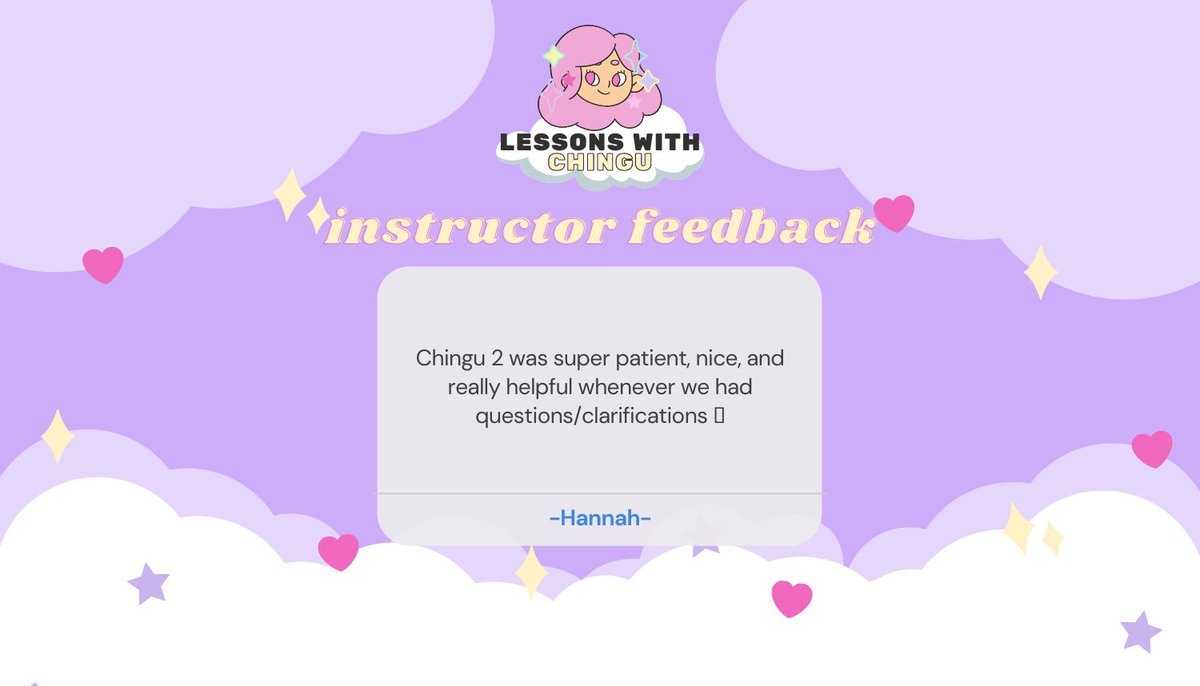 lessonswchingu's tweet photo. ☁️rate your chingu! #lwckamsa☁️

hear what our students from batch 2 have to say regarding our lessons and instructors (2/2)🤍 https://t.co/Exw4KR1Sej