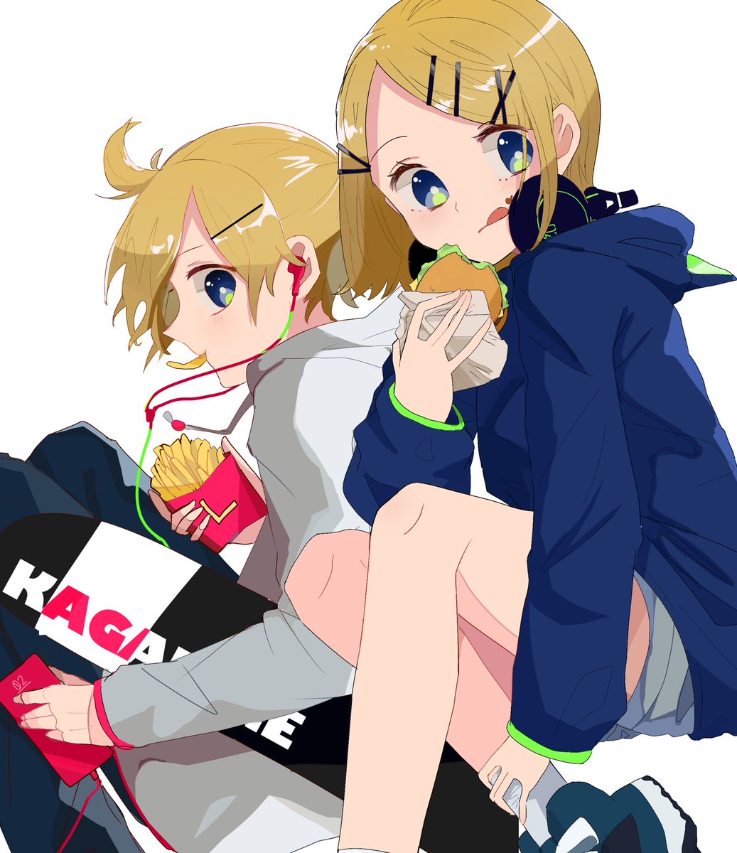 kagamine len ,kagamine rin 1girl food 1boy headphones hair ornament blonde hair hairclip  illustration images