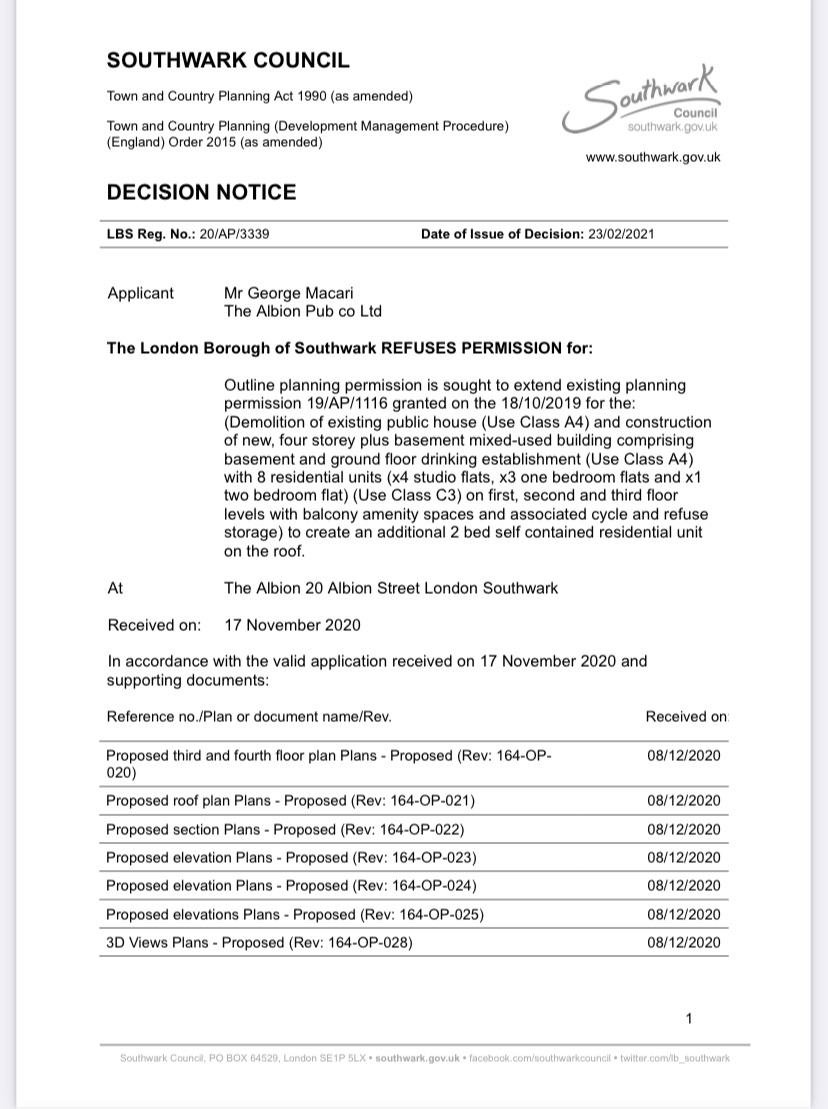<a href="/SallySaltwell/">SallySalt</a> <a href="/slooshbag5/">STEVE CORNISH</a> <a href="/Brookranger/">Brookranger</a> @CAMRAWestLondon <a href="/TheOldJustice/">No More Lonely Nights</a> <a href="/PubsSaving/">Saving London Pubs</a> <a href="/JMarkDodds/">J Mark Dodds FRSA</a> <a href="/ProtectPubs/">Protect Pubs #SaveOurPubs</a> <a href="/sunanddoves/">THE SUN AND Doves 🇺🇦</a> <a href="/DarrenOfAlbany/">SNAP 🏴󠁧󠁢󠁥󠁮󠁧󠁿🇬🇧🦁 Miiiiiiiiiiiiiiiiiiiiiii</a> <a href="/FranklinsSE22/">Franklins</a> <a href="/MarkDoigFC/">Mark Doig</a> <a href="/OakOakweld/">EDDIE</a> <a href="/DragonandFlagon/">Vic Norman</a> @flashmanbadahur <a href="/cockneycampaign/">Cockney Campaign</a> <a href="/AndrewSherman19/">Andrew Sherman</a> <a href="/robertalanbenn1/">daveeverwhats</a> <a href="/RussPurdie/">Russ Purdie</a> <a href="/theingented/">the Ingented</a> <a href="/hesmond5/">GAHesmond5</a> <a href="/HpcJohn/">@HPCJohn@mast.hpc.social</a> <a href="/MusicaAntica/">Musica Antica Rotherhithe</a> <a href="/PubsAdvisory/">PubsAdvisoryService</a> <a href="/jscott110/">Joanne Scott</a> <a href="/selcamra/">SE London CAMRA</a> <a href="/eaglealehouse/">The Eagle Ale House</a> <a href="/NeilStuke/">Neil Stuke</a> <a href="/kateharrison52/">Kate Harrison</a> <a href="/john_pether/">Andrew Whitehead</a> <a href="/MartynWilliams2/">Martyn Williams</a> <a href="/aplarge/">Andrew Large</a> <a href="/sevenbeescafe/">Iain Chambers</a> <a href="/ThePubChampion/">Greg Mulholland, The Pub Champion</a> <a href="/JFLorg/">Justice 4 licensees</a> <a href="/Lifelandlady/">LifelongLandlady</a> <a href="/mcmanus_aidan/">aidan mcmanus</a> <a href="/NorthCrayMal/">Malcolm Barr-Hamilton</a> @running_past <a href="/soxgnasher/">Alan Russell</a> <a href="/lb_southwark/">Southwark Council</a> <a href="/CamberwellArts/">Camberwell Arts</a> <a href="/SE5Forum/">SE5 Forum Camberwell</a> <a href="/SELondonCamra/">SE London CAMRA</a> <a href="/edgrayart/">Ed Gray Art</a> <a href="/Southwark_News/">Southwark News</a> <a href="/thebevy/">Bevendean Co-op Pub</a> <a href="/southamptonNW5/">The Southampton Arms</a> <a href="/LayersofLondon/">Layers of London</a> <a href="/TheMumper/">Mark Baxter</a> Anyone who wishes to amplify concern on the demolition of The Albion and subsequent extension, can do so via  enquiries@planninginspectorate.gov.uk quoting ref: 20/AP/3339 Southwark Council - or steer to interested pub parties £1.2m freehold