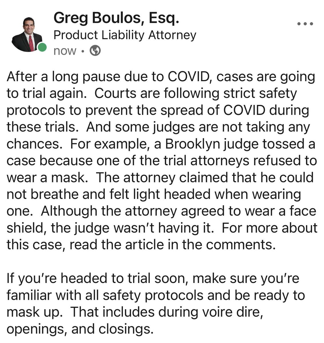 GregBoulos's tweet photo. Brooklyn judge tosses case because trial attorney refused to #maskup. https://t.co/35Tsmh4MtV