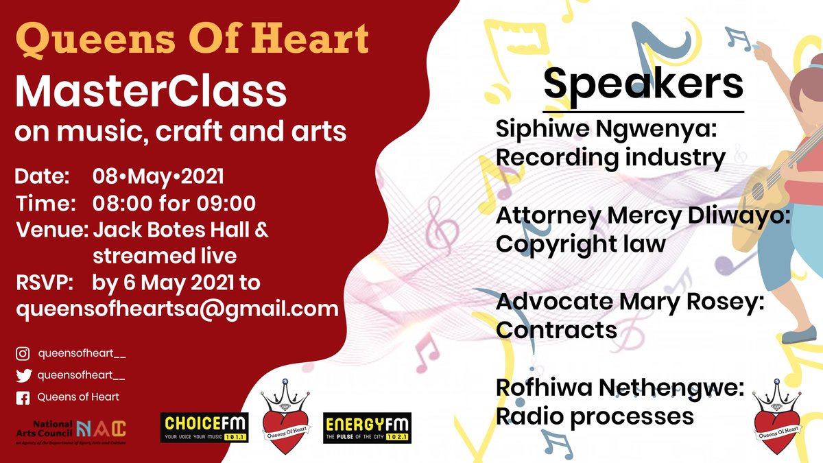 QueensofHeart__'s tweet photo. 4 DAYS TO GO!!

Be part of the experience. Get to know more about your craft. Join our Masterclass at Jack Botes Hall and also LIVE on our social media platforms. check the poster for more details.

#qoh #queensofhearts #queensofheart #qohmasterclass #másterclass https://t.co/AyALGdcu3H