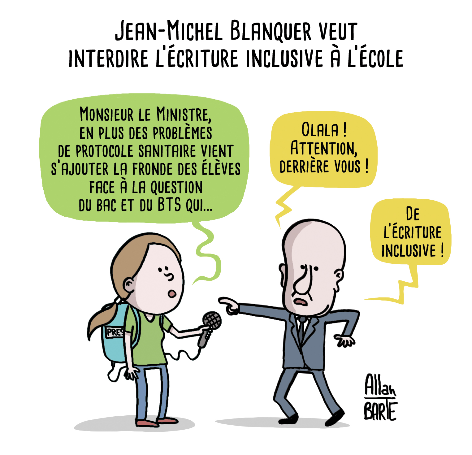 Allan BARTE on Twitter: "Jean-Michel Blanquer veut interdire l'écriture  inclusive à l'école. #ecritureinclusive Pour précommander mon prochain  livre "Vivre en Macronie", tome 4 : ▶️ https://t.co/vSwquthjze 📖📚😘 # Blanquer #BAC #baccalaureat #BacNoir ...
