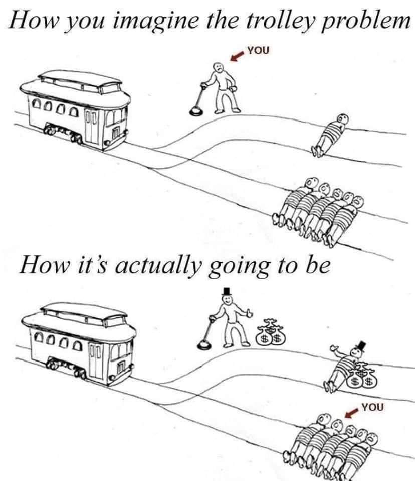 HealthPolHumor's tweet image. The actual health care trolly problem: Special interests