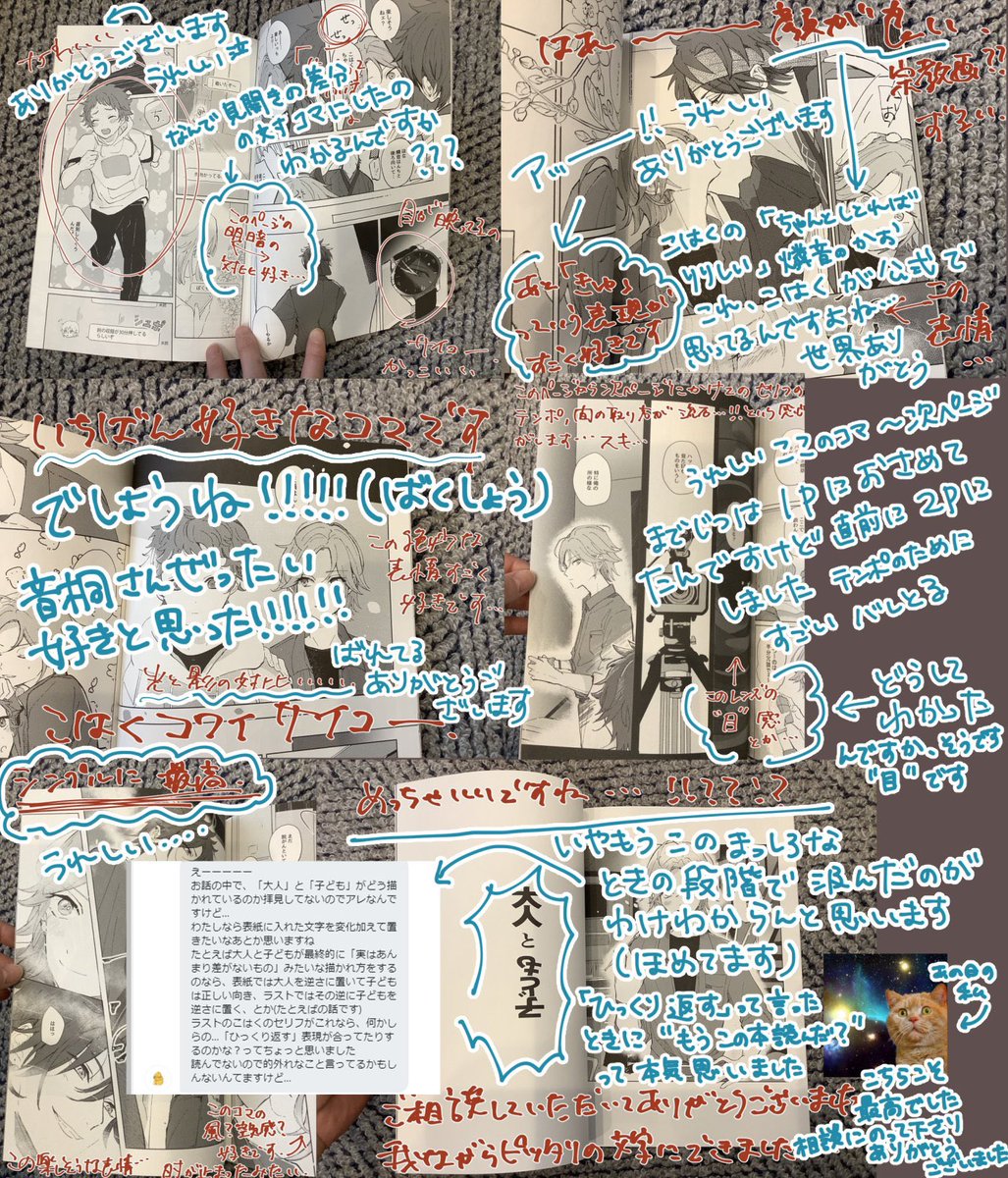 書き込んで感想生まれて初めていただいたのだけど、たくさんのコマたちの表したかったことがバレていたので汲み取る力すごいとなり荒ぶって返信した最高のGWだった。
赤色が音桐さん
水色の落ち着いてない様子たちがわたし 