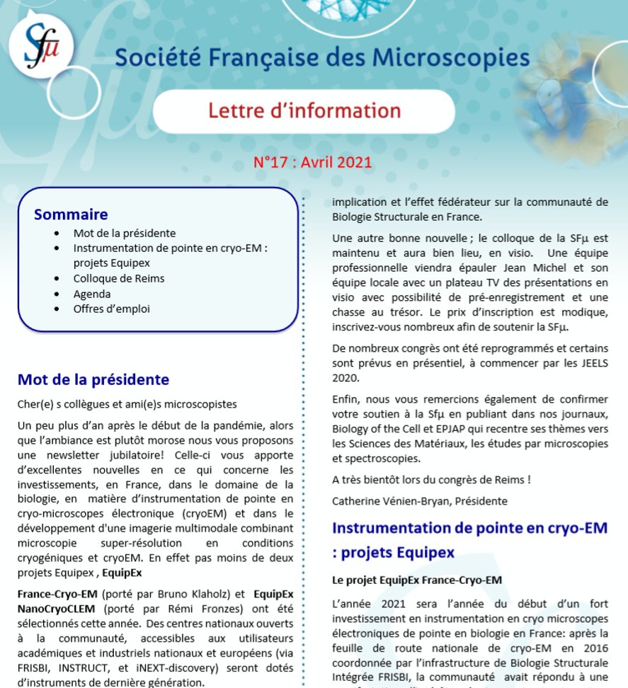 Retrouvez la lettre d'information de la Sfµ d'avril 2021 (n°17), disponible sur le site de la Sfµ, avec un focus sur les projets Equipex en microscopie et le colloque de Reims
⬇️⬇️
sfmu.fr/medias/telecha…
