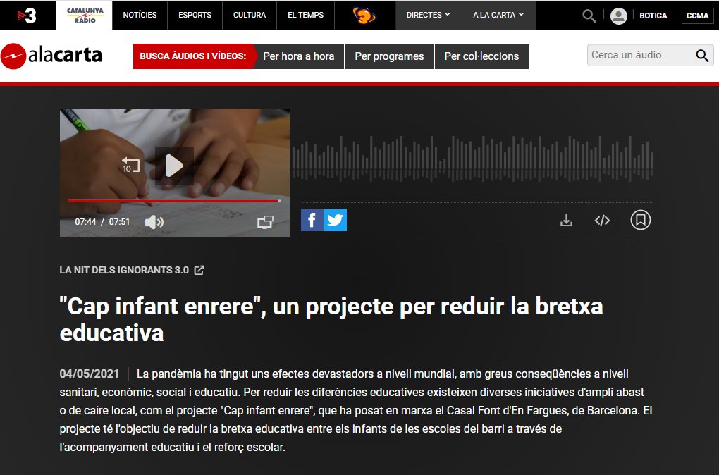 Gràcies <a href="/nitignorants/">La nit dels ignorants</a> per donar-nos veu i poder explicar el projecte 'Cap infant enrere', on les veïnes fan acompanyament escolar als infants que més ho necessiten #capinfantenrere #elcasalesbarri