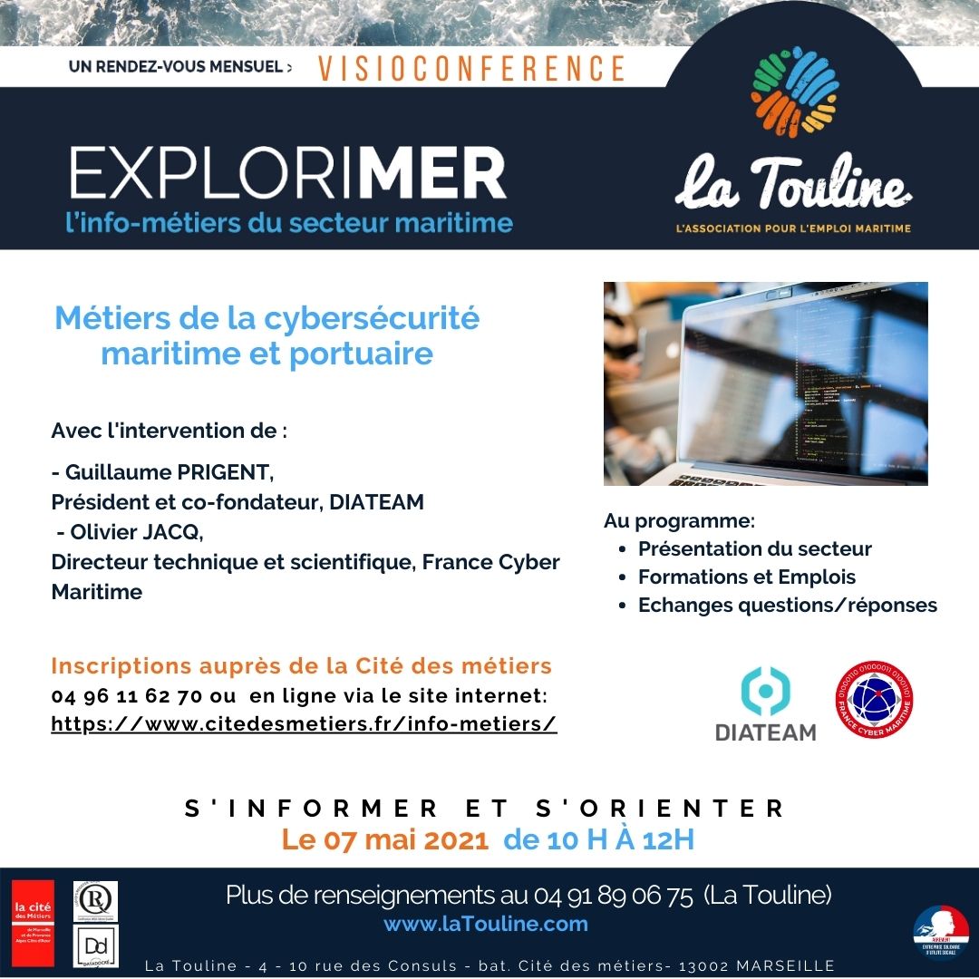 diateam_labs's tweet image. #Explorimer Spécial : Formations, entraînements et recrutement en #cyber #maritime &amp;amp; #portuaire : Rendez-vous ce vendredi à 10h
#lamerunepassion #métiersdelamer #cybersécurité #infosecjobs
un event organisé par la @Citedesmetiers @la_touline
Inscriptions: citedesmetiers.fr/evenements/?id…