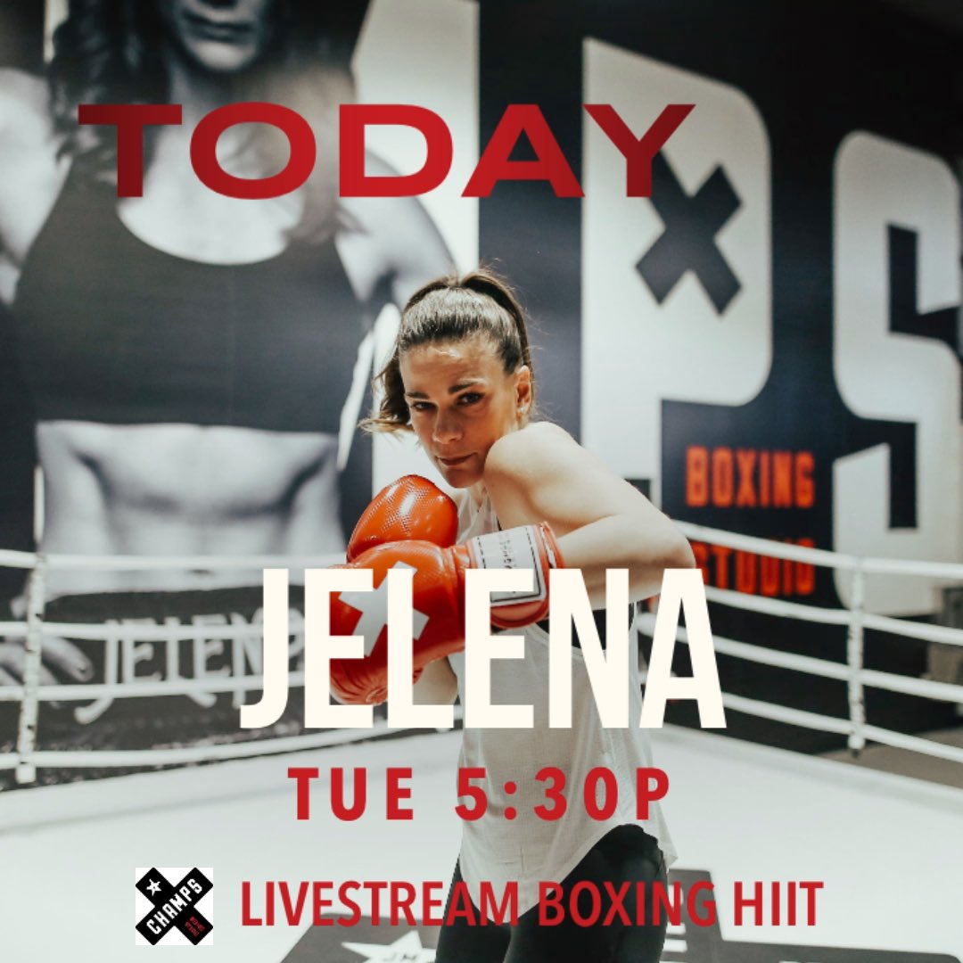 Join our Champion JELENA MRDJENOVICH  today for a virtual Livestream Boxing HIIT class at 5:30pm MDT! 🥊
No equipment required. Beginners welcome. Let’s Go!

Book via the Mindbody App or 
champsboxing.ca/schedule/ 
 
#fitness #boxingworkout #livestream #exercise #supportlocal #yeg