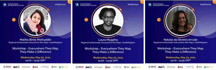 youthmappers's tweet photo. 📢Calling all #YouthMappers and friends! Tomorrow at 14:00 UTC, join the #GDDF2021 discussion about the #EverywhereSheMaps initiative &amp; how we can create and use geospatial data to benefit women. ReGISter for "Everywhere They Map, They Make a Difference" ➡️https://t.co/IkcFxZZ9mV https://t.co/Aaz5OQx2sn