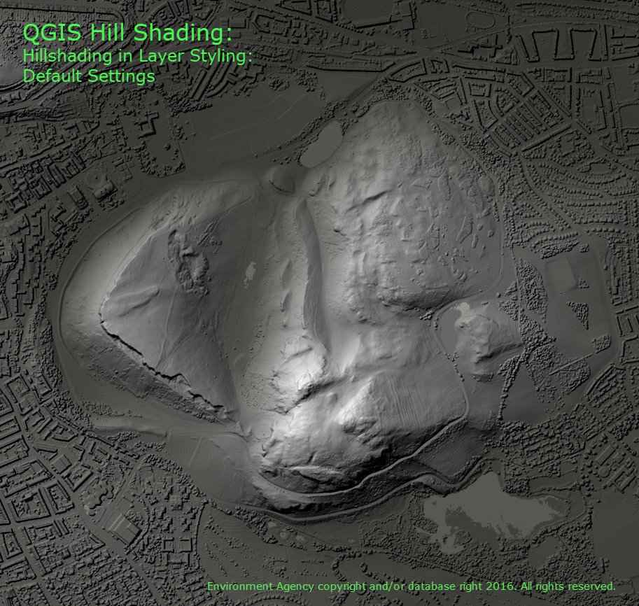 I was using a DSM of Arthur's Seat in Edinburgh. The first method was the most simple, just switch to Hillshading in the Layer Style Panel. Not bad, but a bit low on contrast. 2/n