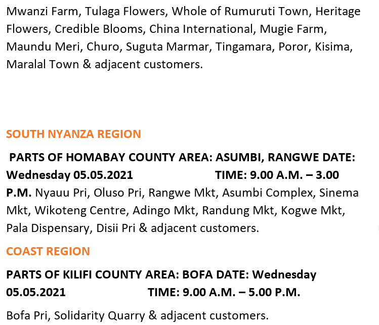 KenyaPower_Care's tweet photo. Good evening our esteemed customers, the following areas are scheduled for power interruption dated tomorrow (5/5/2021).^MK. https://t.co/ywtdTMw7Lw