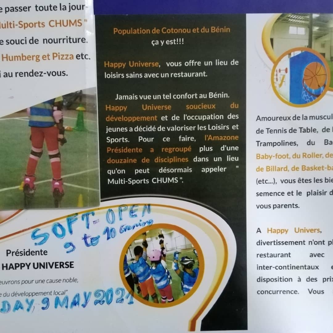 OngUnivers's tweet photo. Pré-ouverture du Club multi-Sports CHUMS (Club Happy Universe Multi-sports) 

Les portes du multi-Sports CHUMS s'ouvrent à tous les amoureux du Sports ce dimanche 9 mai 2021. Ceci de 10 heures à 21 heures. 
 @Inde #gouvbenin #nigeria #CotonouBoyTV #albabyfoot #vivitocheton https://t.co/LLITv8Uebn