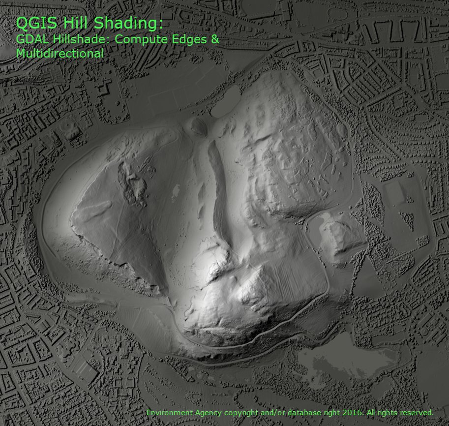 Going back to native  #QGIS I tried out the GDAL hillshader in the processing toolbox. Again, keeping most default settings I switched on multidirectional lighting and compute edges to pick out even more details. Nice! 5/n