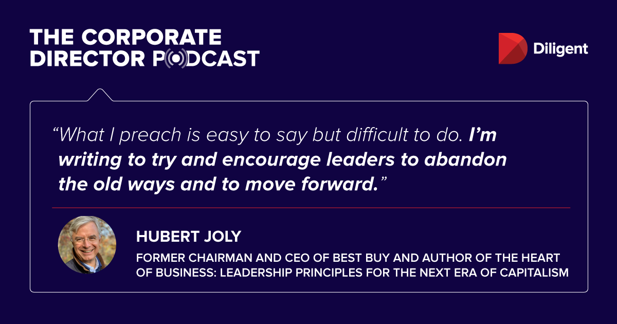 Mark your calendars for tomorrow's episode of @directorpod! We interviewed former @BestBuy CEO and author of #HeartofBusiness @HubertJoly_. bit.ly/2PFPEt6
#podcast #moderngovernance #leadership