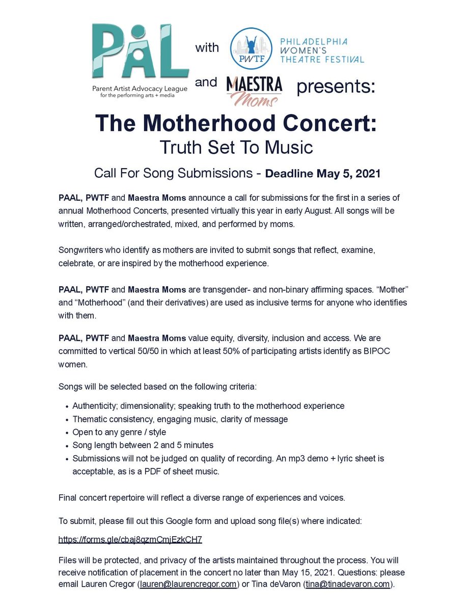TOMORROW Deadline May 5! 
***Paid Opportunity***
The Motherhood Concert: Truth Set to Music
Amplifying this call for submissions from friends <a href="/PAALtheatre/">Parent Artist</a> <a href="/PWTF_Philly/">Philadelphia Women's Theatre Festival</a> and Maestra Moms! #musicians #moms #theater #concert #VirtualEvents