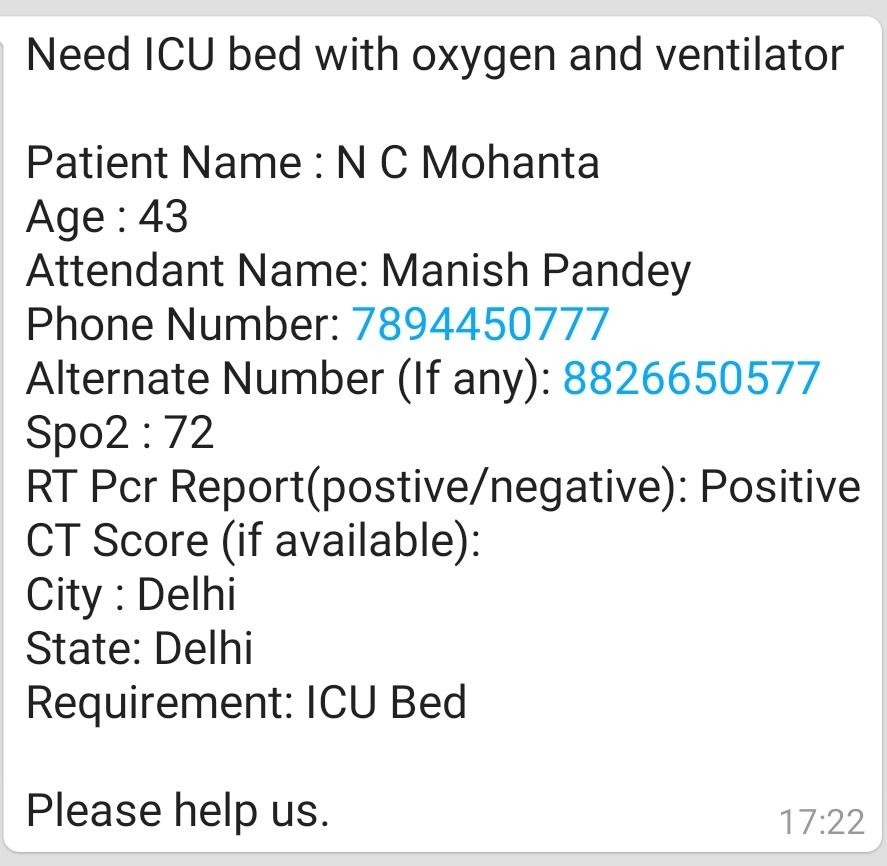 alashshukla's tweet photo. Need ICU bed in Delhi.
Attendant Name: Manish Pandey
Phone Number: 7894450777
8826650577

Please help @srinivasiyc @appurv_gupta
@AnupamkPandey @ManMundra @shalabhmani @tehseenp @attorneybharti @DeepikaBhardwaj @sandhyafernez @DarshanNPopat @sakshijoshii @isatyendra https://t.co/k79oMj8cBU
