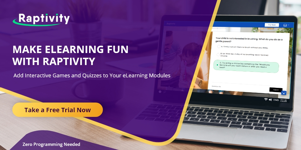 Raptivity's tweet image. Using games in online sessions can increase engagement levels significantly. Read this blog to know how Raptivity interactions blend fun and learning together! bit.ly/3egwNhL
#InteractiveeLearning #eLearning #interactivitybuilder #eLearningtool #eLearningdev #Raptivity