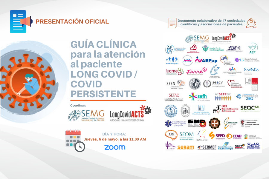 Sedolor's tweet photo. El 🗓️6 MAYO se presenta la #GuíaLongCOVID en la que participamos. Una guía clínica para la atención al paciente #LongCOVID/ #COVIDpersistente. Se trata de un documento colaborativo y consensuado elaborado por 47 sociedades científicas y asociaciones de pacientes. #COVID19 https://t.co/jg5ZKJi9lY