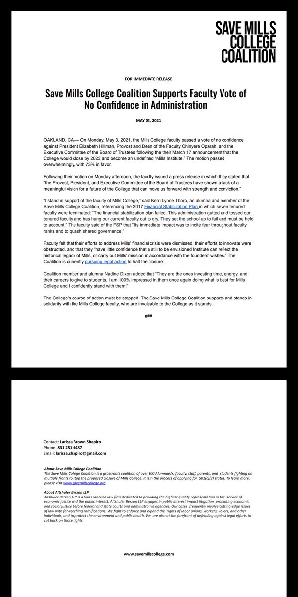 save_mills's tweet image. Save Mills College Coalition Supports the Mills College Faculty Vote ofNo Confidence in Administration. 

#PressRelease #press #millscollege #savemills