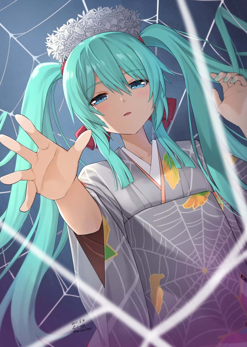 hatsune miku 1girl solo japanese clothes kimono long hair silk spider web  illustration images