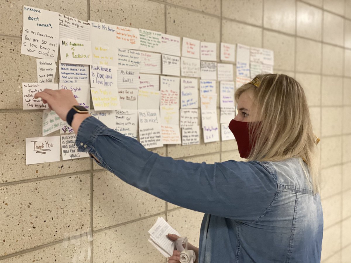 RAHSburg's tweet photo. Silver Smiles project going up today—positive words from students during Teacher Appreciation week! @rahs_studco #ReedsburgPride @BreninTenadu https://t.co/I2MQakps0i